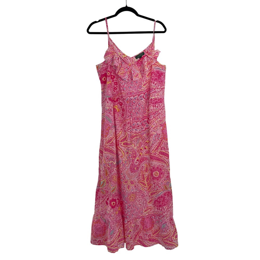 Lauren Ralph Lauren Pink Paisley Print Sleeveless Ruffle Trim Maxi Dress Size M